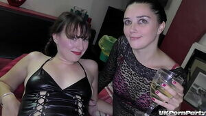 Swinging British girls Pixiee and Cherri hook up for a swingers club sex party