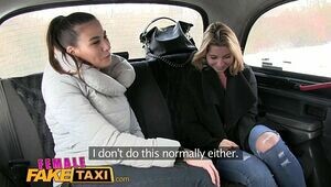 Female Fake Taxi Skinny sexy Czech lesbians with great tits have strap on fun in taxi