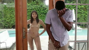 Crazy step-father observes his ebony stepdaughter draining by the pool