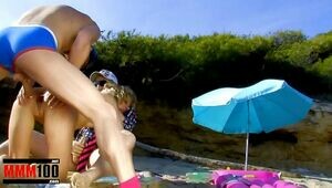 Crazy threesome at the beach with skinny Housewife double penetration