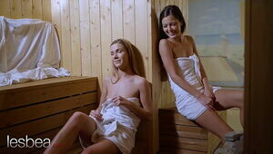 Lesbea Pretty Euro babes Alexis Crystal and Cindy Shine romantic pussy licking orgam in public sauna