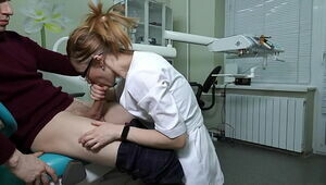A female ukrainian doctor with glasses grabbed the patient's cock and began to greedily give him a hardcore blowjob