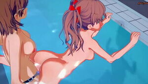 Misaka Mikoto strap dildo pokes Shirai Kuroko in a swimming pool - A Confident Magical Index Hentai.