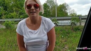 German Big tits MILF Hitchhiker give Blowjob by Drive in Car for Thanks
